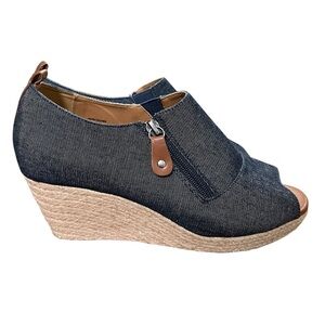Comfortview Marci Denim Peeptoe Wedges with Tan Details